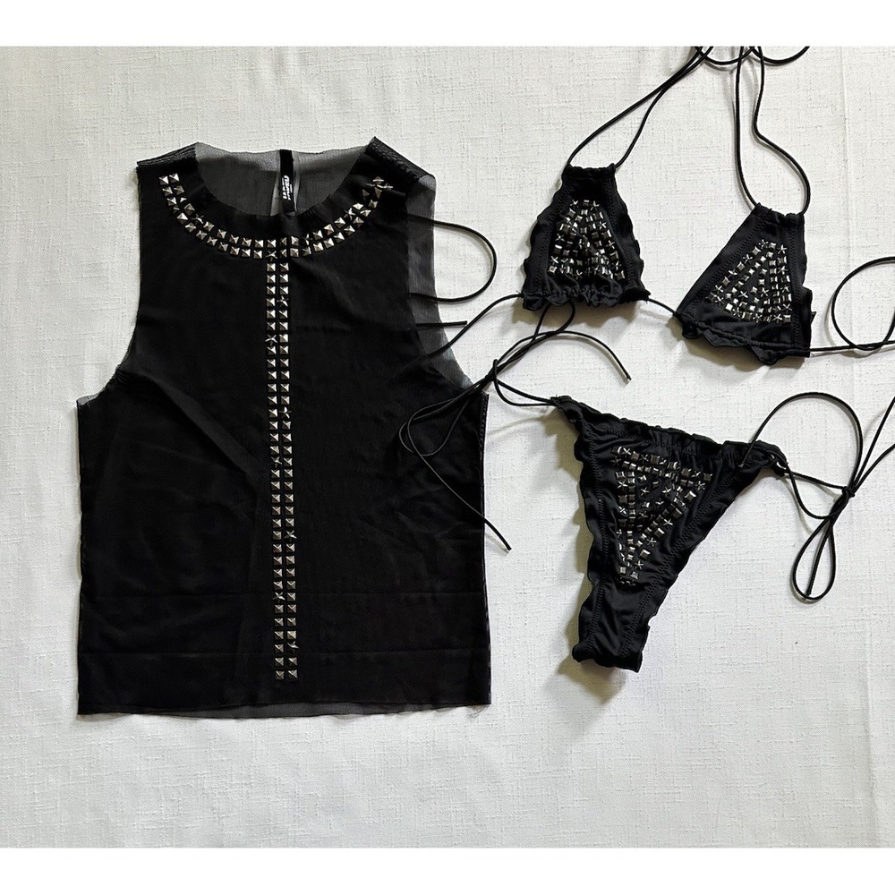 Jaded London Silvra Studded 3-piece Bikini Set - Mesh Top XS / Bikini Size 6